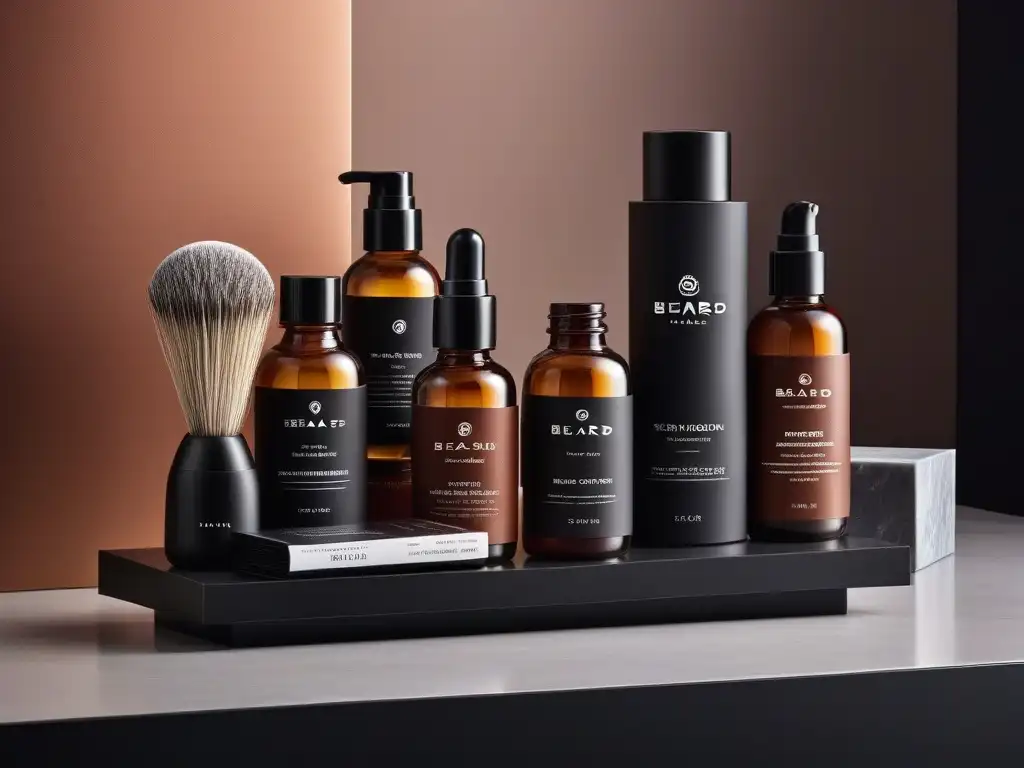 Estantería de baño para barba con productos de lujo Elegante estantería de baño con productos de cuidado de barba y piel de lujo, iluminación suave resalta calidad premium