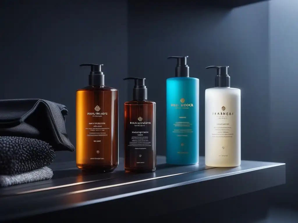 Estantería de baño con productos de lujo para el cabello Una elegante estantería de baño repleta de lujosos productos de belleza en envases sofisticados, reflejando lujo y cuidado personal