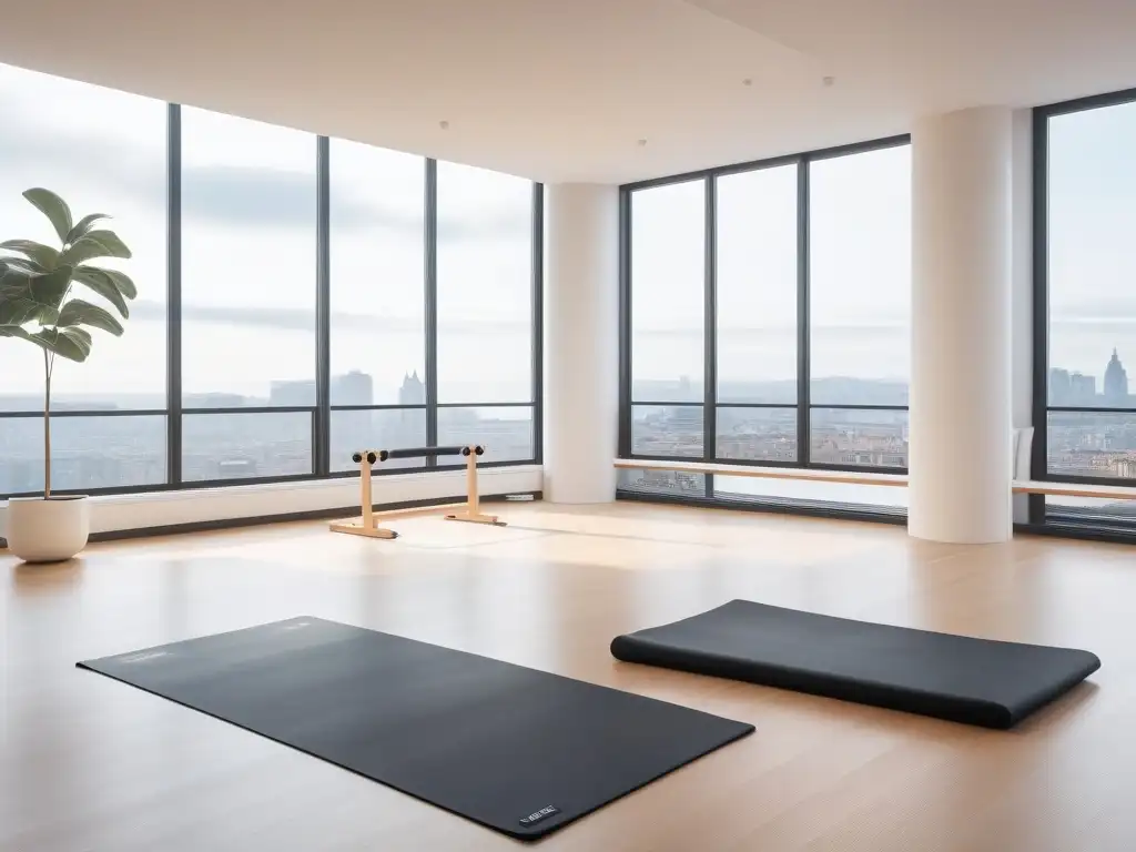 Estudio de yoga y pilates de lujo: moderno y sereno Un elegante estudio de yoga y pilates con equipamiento fitness de lujo, bañado en luz natural y colores serenos