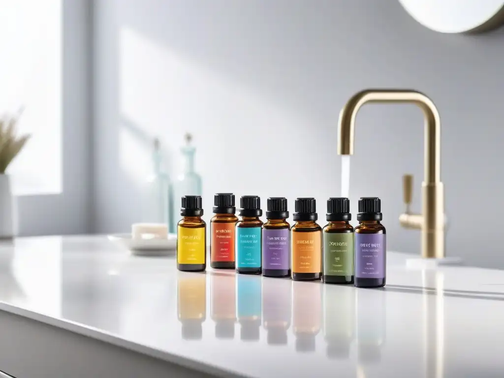 Arreglo de aceites esenciales: lujo y belleza para cuidado de piel Una elegante exhibición de botellas de aceites esenciales en un entorno relajante y lujoso