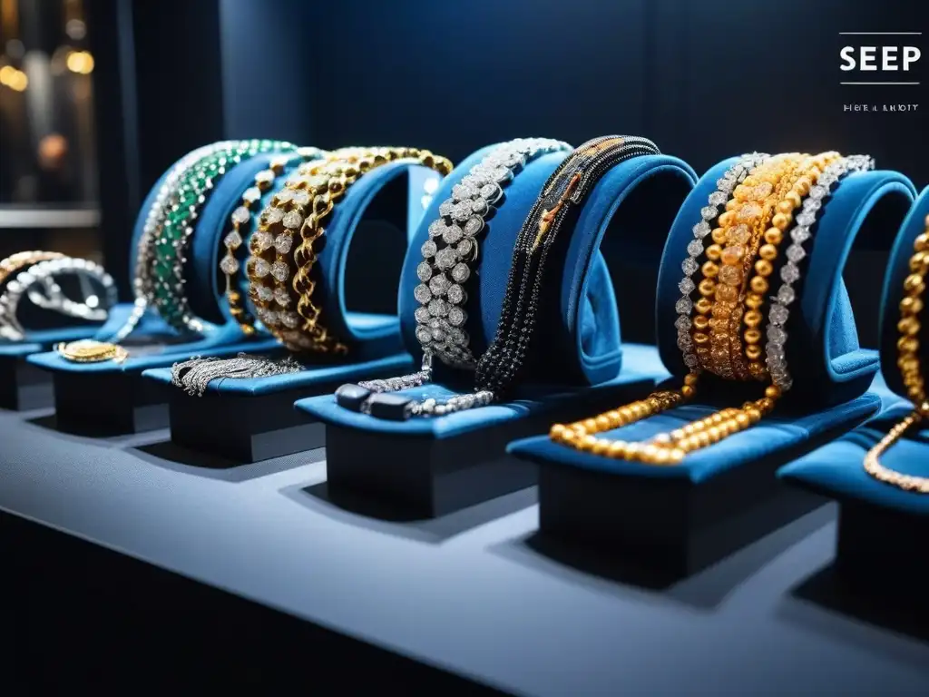Vitrina de lujo: pulseras con diamantes y gemas Una elegante exhibición de joyas con pulseras de lujo para ocasiones, con diseños intrincados y diamantes deslumbrantes