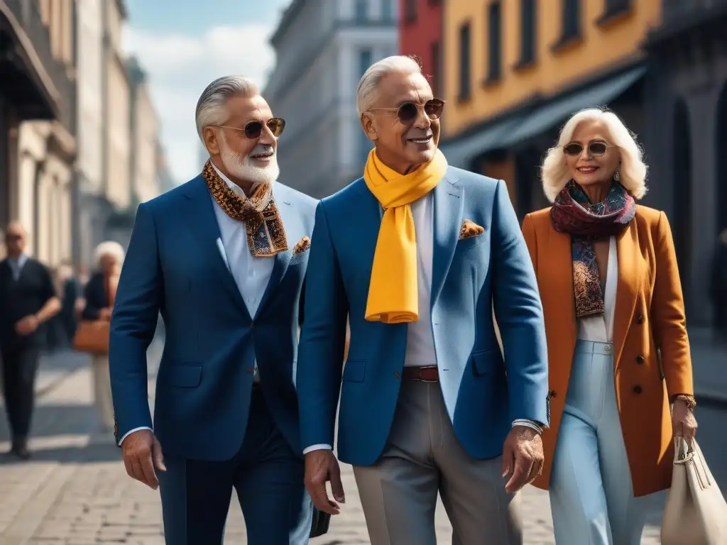 Paseo elegante de adultos mayores con estilo urbano y sofisticado Una elegante exhibición de moda casual cómoda para seniors, desfilando con confianza por la ciudad