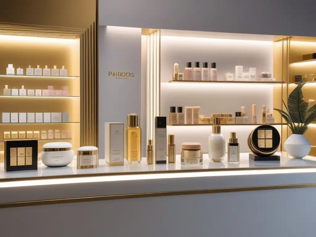 Exquisita exhibición de belleza francesa: lujo y elegancia en cada detalle Una elegante exhibición de productos de belleza franceses de lujo inclusivos en un ambiente chic y sofisticado con toques dorados
