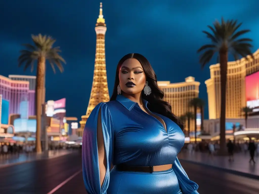 Desfile de moda plus size en Las Vegas: glamour y estilo Una elegante fashionista de talla grande desfila en Las Vegas, fusionando estilo y sofisticación