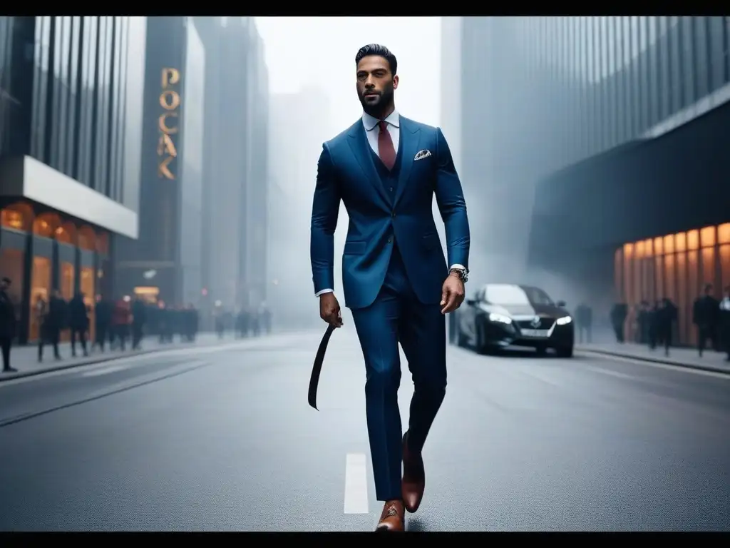Estilo impecable: Hombre alto deslumbrante en traje a medida en la ciudad Elegante figura en traje a medida caminando con confianza por la ciudad, evitando errores de vestir en tall size