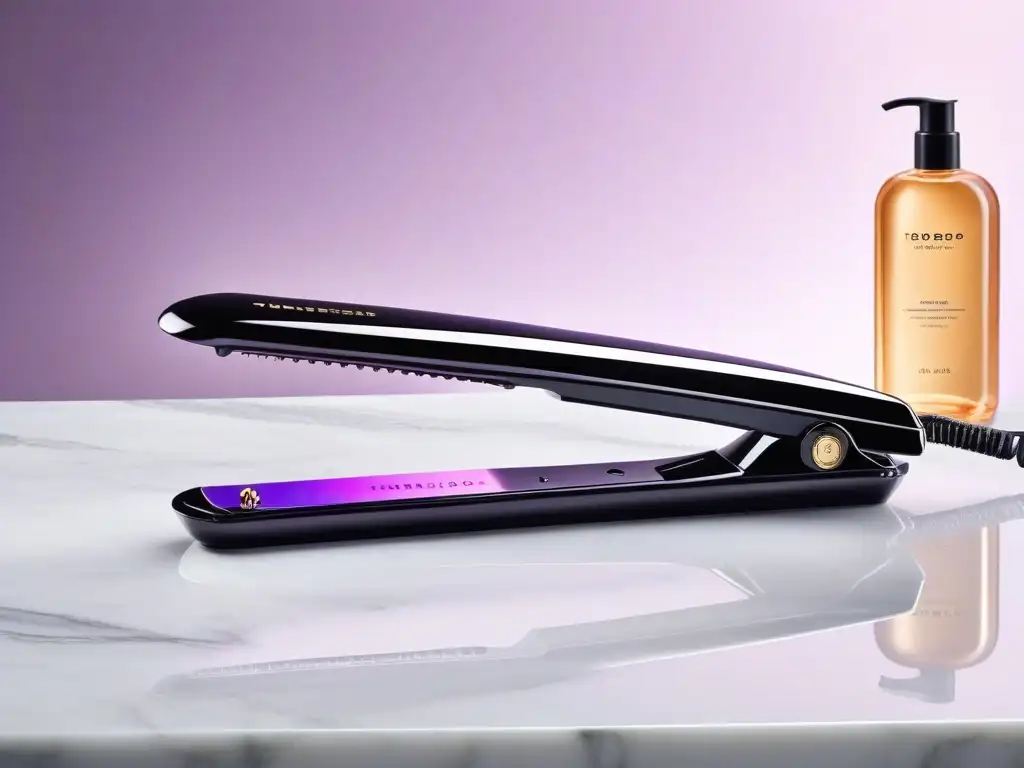 Plancha de pelo futurista en elegante entorno de salón de belleza Un elegante y futurista alisador de cabello con brillo morado sobre un elegante tocador de mármol