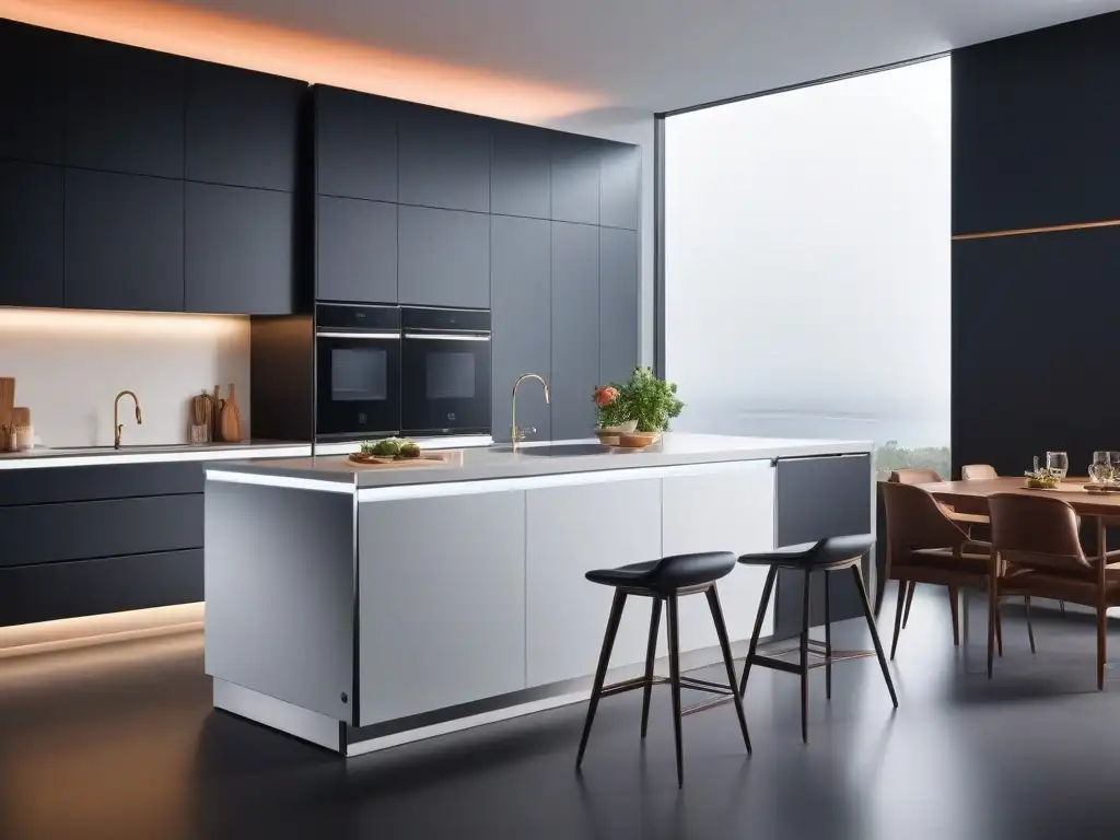 Cocina inteligente de lujo: electrodomésticos conectados en isla futurista Un elegante y futurista smart kitchen con electrodomésticos conectados de alta gama en un entorno lujoso