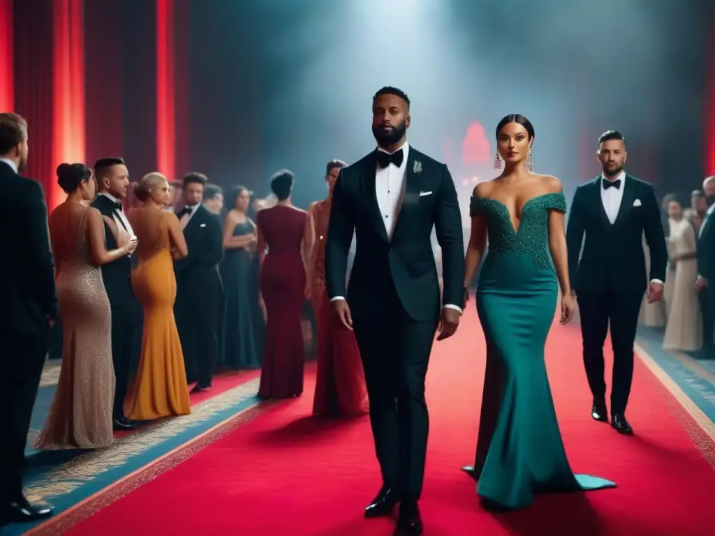 Gala de la diversidad: elegancia y estilo en la alfombra roja Una elegante gala de moda de lujo con cuerpos diversos desfilando en una alfombra roja, capturando inclusividad y elegancia