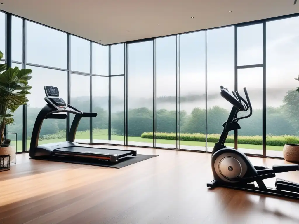 Gimnasio de lujo con diseño moderno y motivador Un elegante gimnasio en casa con diseño moderno y equipamiento de lujo, rodeado de naturaleza