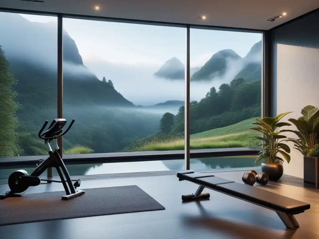 Gimnasio de lujo con equipamiento moderno y elegante Un elegante gimnasio en casa con equipamiento de fitness de lujo, iluminación suave y ambiente acogedor