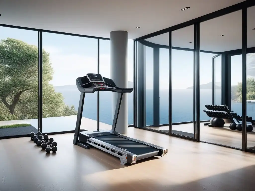 Exclusivo gimnasio en casa con lujo y estilo Un elegante gimnasio en casa con equipamiento fitness de lujo y tallas especiales