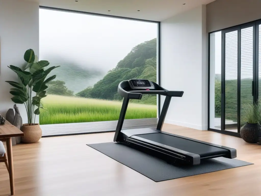 Gimnasio de lujo con equipamiento ecofriendly y vista al jardín Un elegante gimnasio en casa con equipamiento fitness ecoamigable de lujo, bañado en luz natural y con vista a un jardín exuberante