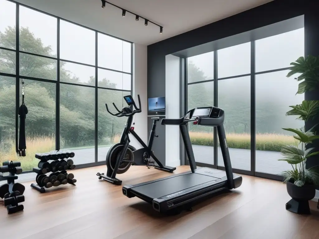 Gimnasio en casa de lujo: Peloton, remo y pesas Un elegante gimnasio en casa con equipamiento fitness de lujo y motivadoras frases en la pared