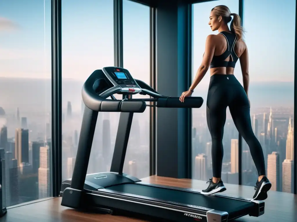 Gimnasio de lujo con vista panorámica al atardecer Un elegante gimnasio en casa con los mejores equipos fitness cardio 2023 frente a la ciudad al atardecer