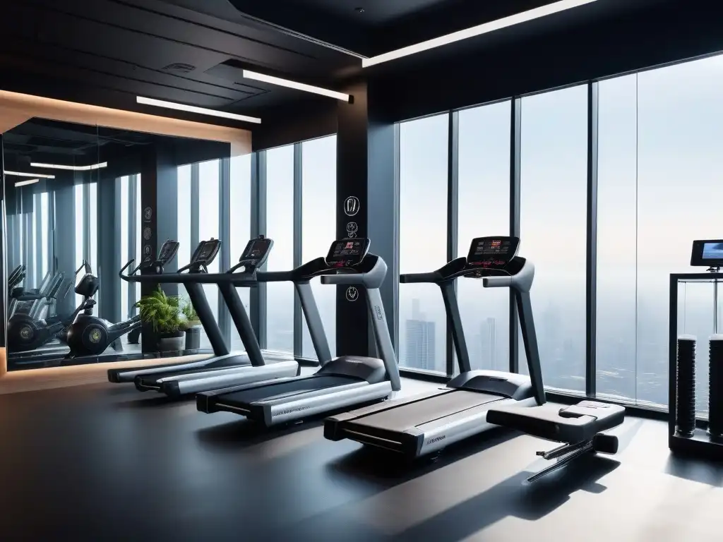 Gimnasio de lujo con tecnología avanzada y diseño moderno Elegante gimnasio de lujo con equipamiento fitness de vanguardia y ambiente motivador