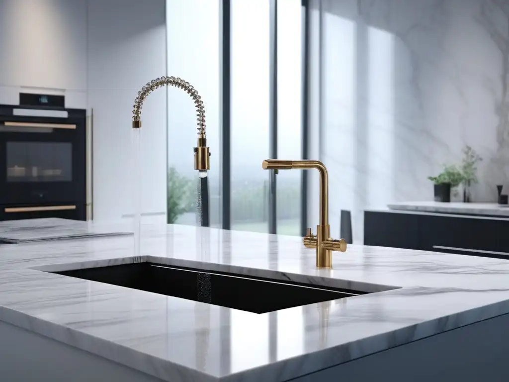 Moderna cocina de lujo con grifo cromado y agua cristalina Un elegante grifo cromado vierte agua cristalina en un vaso brillante sobre una encimera de mármol, iluminado con elegancia
