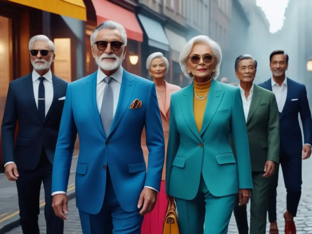 Estilo senior en la ciudad: moda moderna y clásica en 8k Un elegante grupo de adultos mayores camina con confianza por la ciudad, luciendo tendencias actuales de moda senior