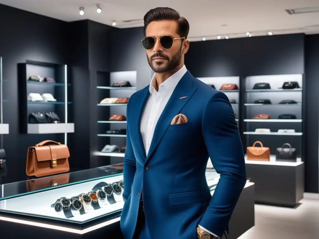 Elegante caballero en showroom de lujo Un elegante hombre seleccionando accesorios de alta gama en un lujoso showroom moderno