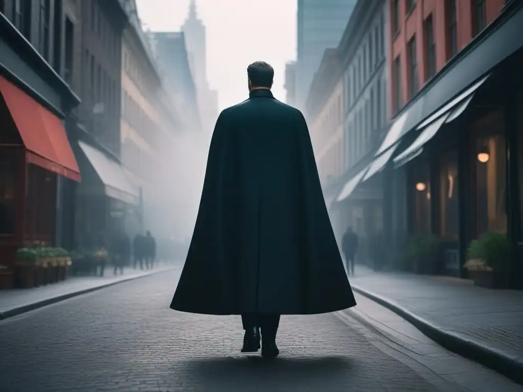 Señor elegante con capa negra pasea por la ciudad moderna Un elegante hombre alto viste una capa negra, caminando con confianza en una bulliciosa calle de la ciudad