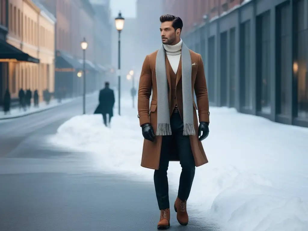 Estiloso hombre caminando seguro por la ciudad nevada Un elegante hombre alto camina con confianza por una calle nevada de la ciudad, luciendo ropa de invierno en tonos neutros