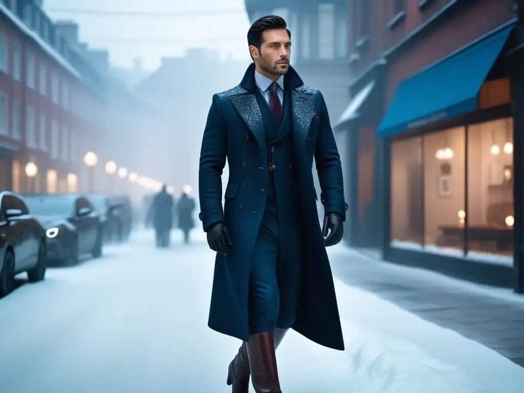Elegante hombre alto caminando con estilo en la nieve Un elegante hombre alto camina con confianza por un paisaje urbano nevado