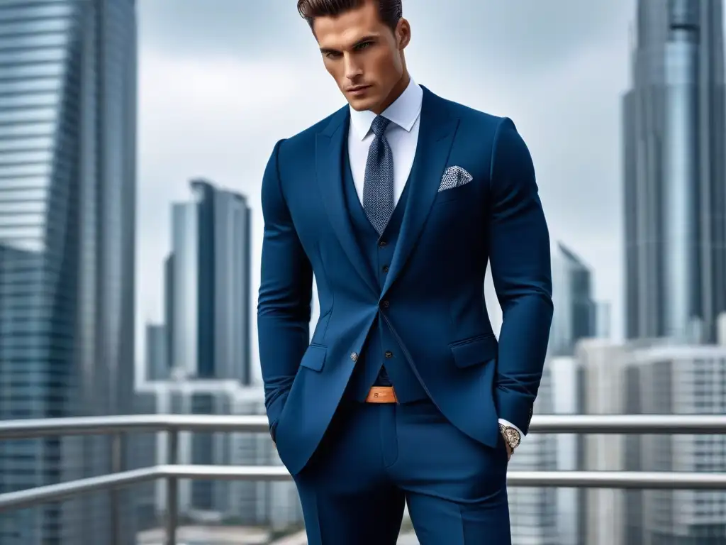 Elegante estilo urbano para hombres altos Un elegante hombre alto, vistiendo con estilo moderno y sofisticado, en un entorno urbano con rascacielos al fondo