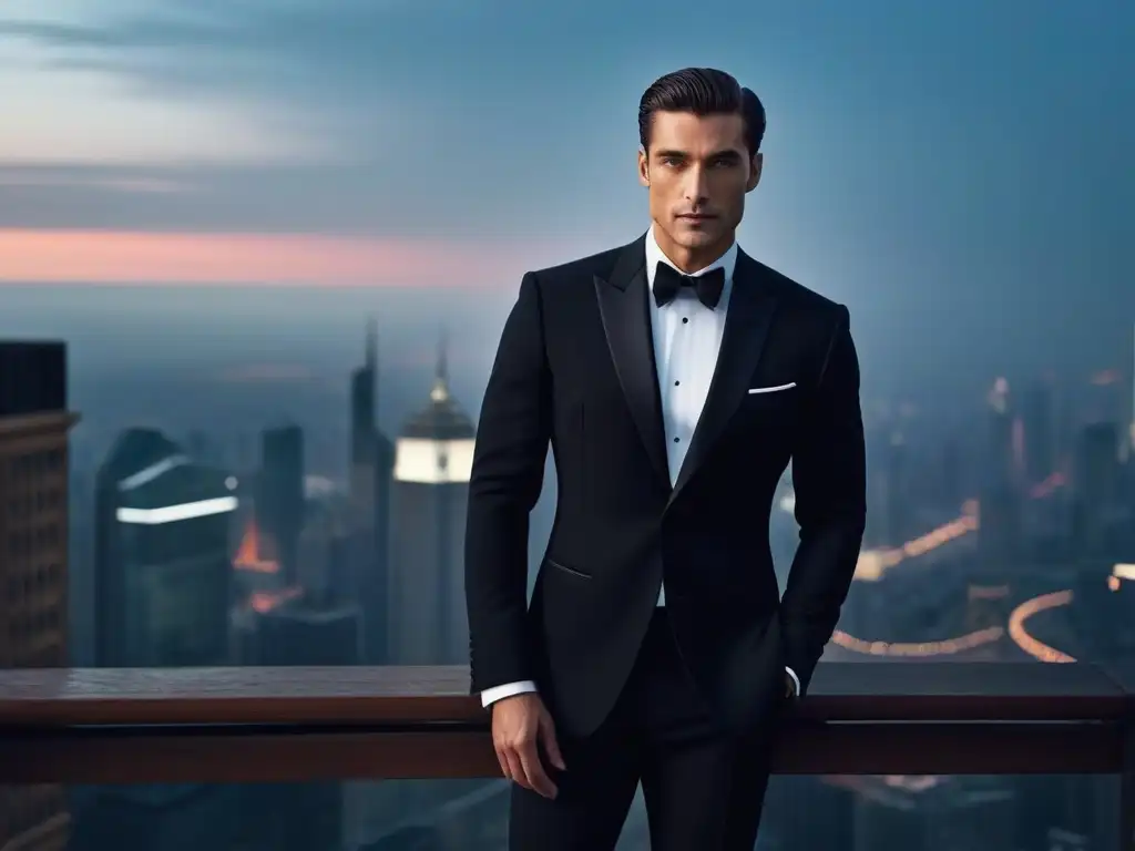 Alto y elegante: sofisticación en la ciudad Un elegante hombre alto viste un impecable traje negro de noche, destacando su sofisticación frente a un skyline urbano moderno al anochecer