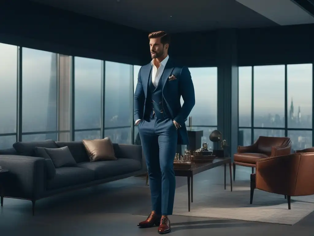Estilo y sofisticación: el hombre moderno en su loft urbano Un elegante hombre alto, vistiendo ropa esencial para hombres altos, en un moderno loft con vista a la ciudad al atardecer