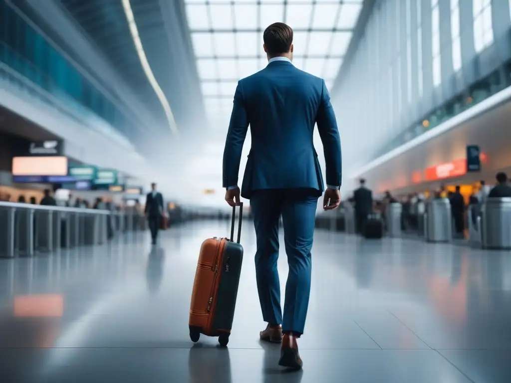 Viajero elegante y seguro en aeropuerto moderno Un elegante hombre alto en traje, destacando en un bullicioso aeropuerto con una maleta moderna