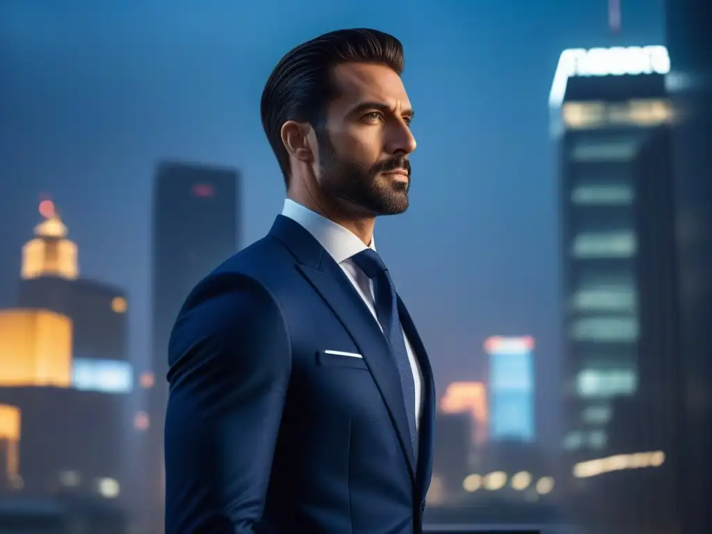 Elegante hombre en traje azul marino en la ciudad moderna al atardecer Un elegante hombre alto en traje azul marino en una ciudad moderna al atardecer, reflejando altura y sofisticación