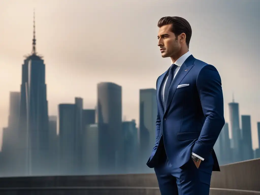 Elegante hombre alto en traje azul frente a la ciudad al atardecer Elegante hombre alto en traje azul frente a la ciudad al atardecer