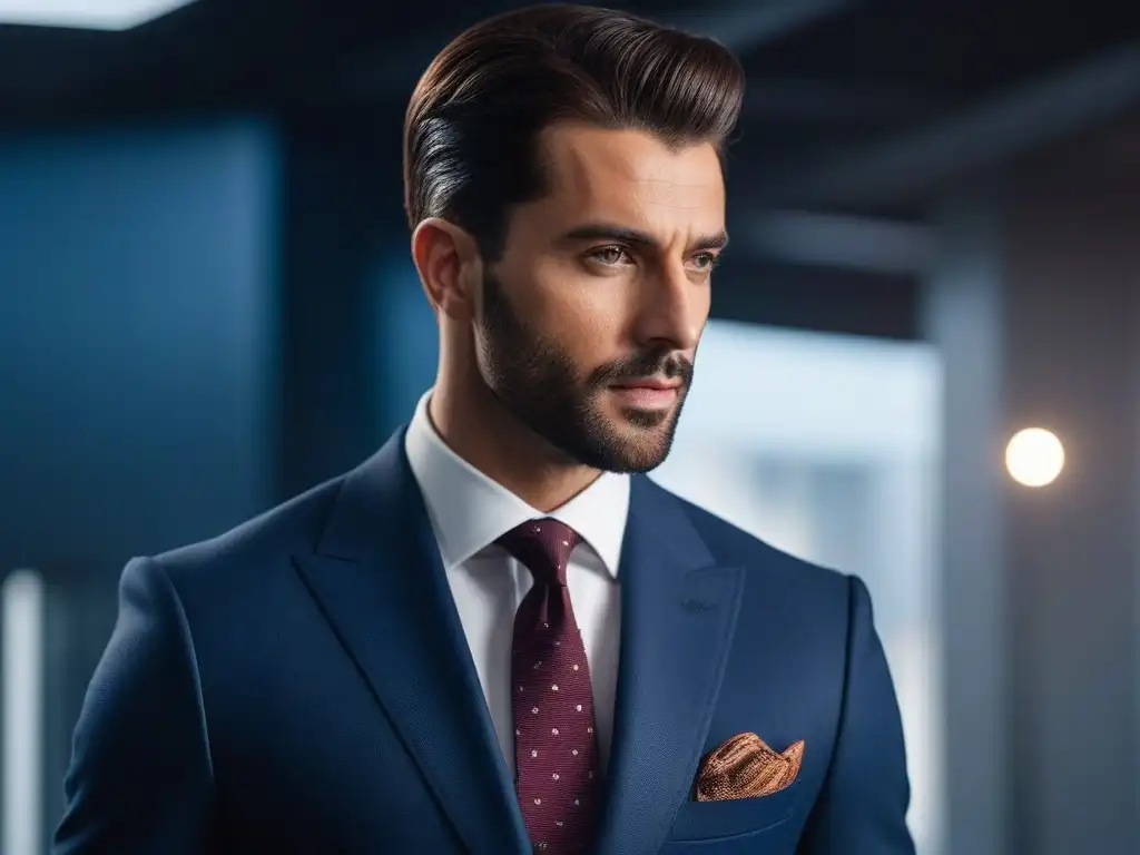 Moda masculina: Elegancia en azul marino y burgundy Elegante hombre alto vistiendo traje moderno en azul y burdeos