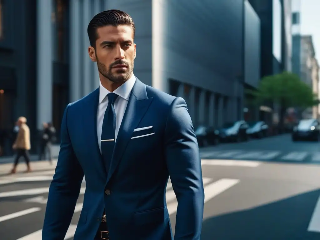 Elegante hombre en traje azul en la ciudad Elegante hombre alto en traje azul marino en la bulliciosa ciudad, destacando su sofisticado estilo