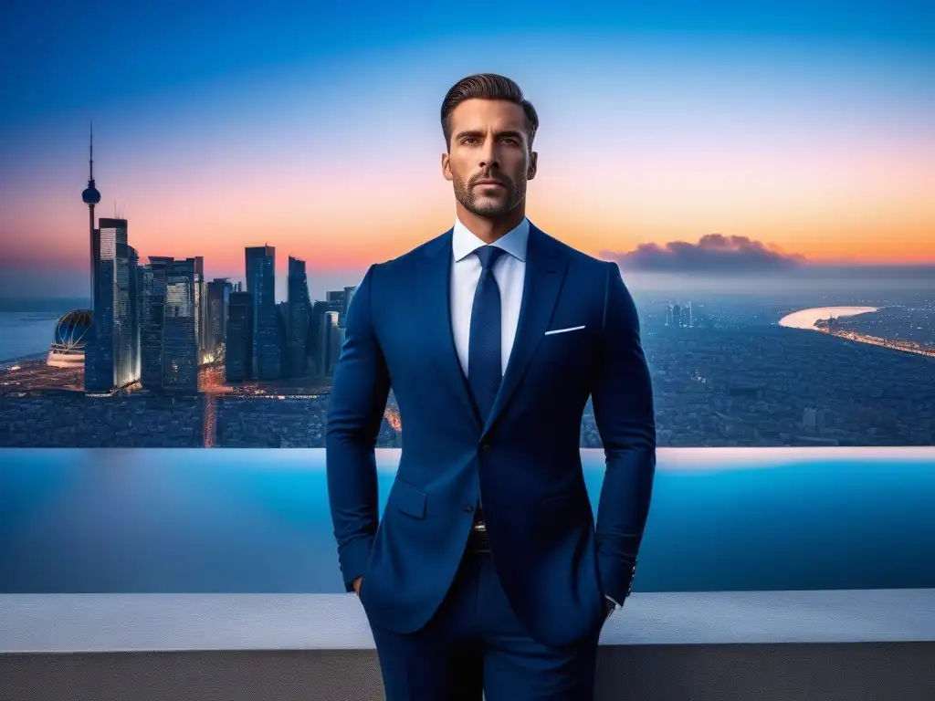 Elegante hombre en traje azul frente a la ciudad al anochecer Un elegante hombre alto en traje azul marino frente al atardecer urbano, irradiando estilo y sofisticación