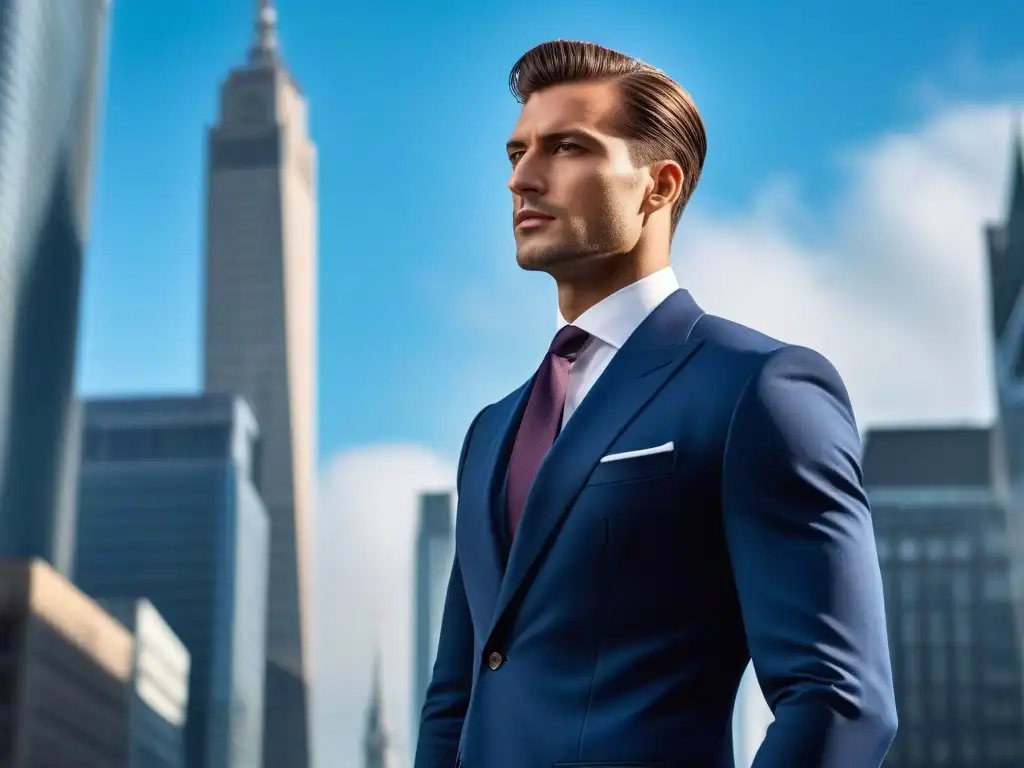 Elegancia urbana: hombre alto en traje azul marino Elegante hombre alto en traje azul en la ciudad