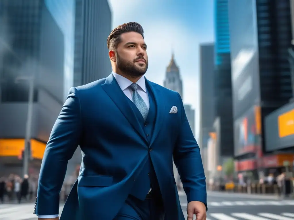 Hombre de talla grande con estilo pasea con confianza por la ciudad Un elegante hombre plus size camina confiado por la ciudad luciendo un traje a medida, en un ambiente urbano moderno
