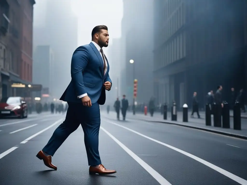 Empoderamiento: Hombre plus size con estilo en la ciudad Un elegante hombre plus size camina con confianza por una calle de la ciudad, luciendo un traje a medida