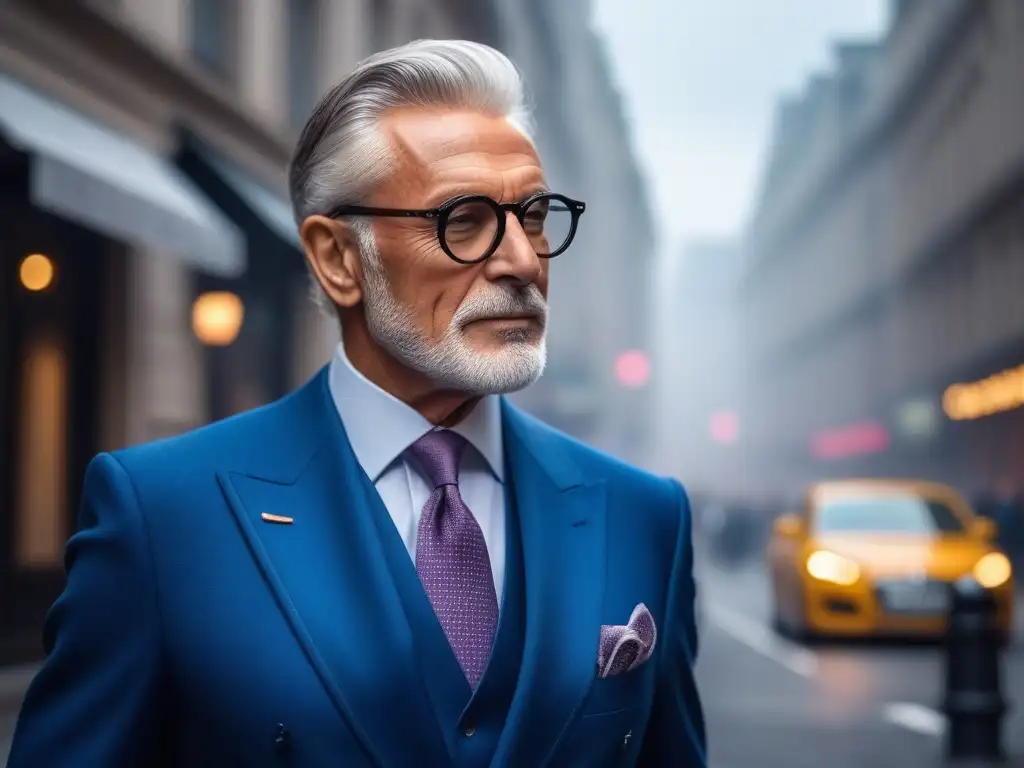 Elegante senior en traje a medida en ciudad de moda Un elegante hombre mayor con accesorios de moda viste un traje a medida en una concurrida calle