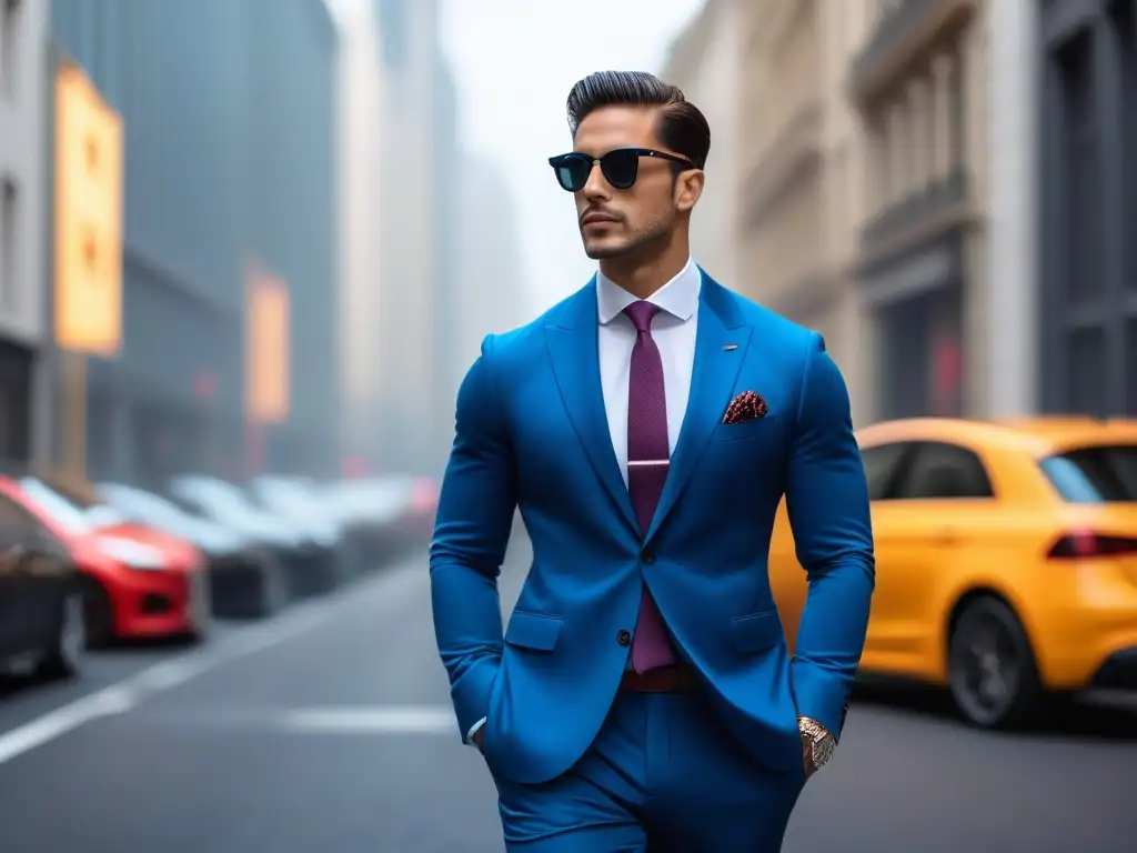 Elegante hombre urbano con estilo y confianza Un elegante hombre petite paseando con estilo en la ciudad, destacando moda petite para hombres