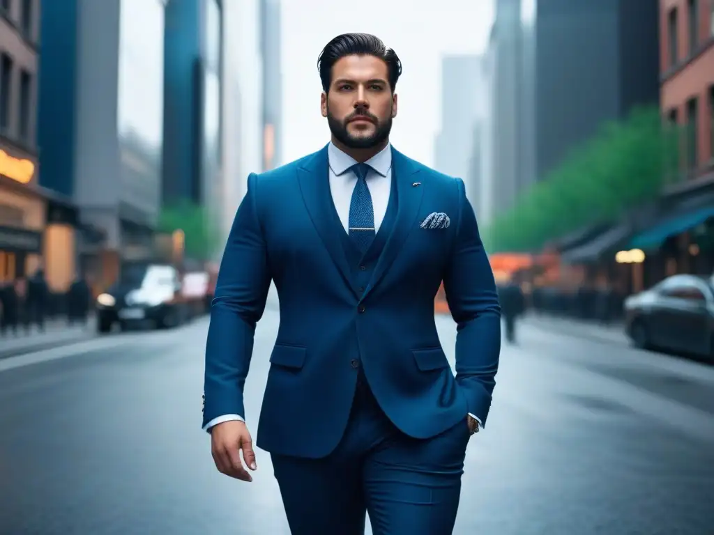 Moda masculina plus size: estilo y sofisticación urbana Un elegante hombre plus size caminando con confianza por la ciudad, vistiendo un traje a medida