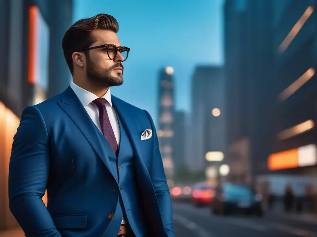Elegante hombre de talla grande en traje a medida con estilo urbano Un elegante hombre plus size con traje y accesorios modernos en una ciudad iluminada, reflejando confianza y estilo