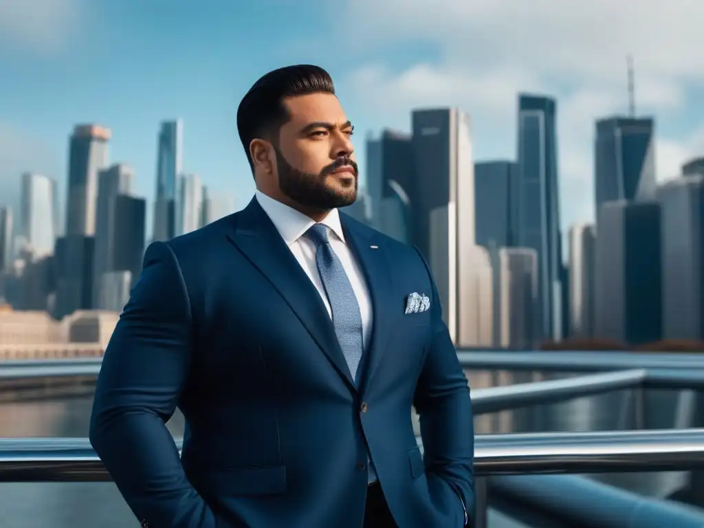 Estilo y confianza: Hombre de talla grande en traje frente a la ciudad Un elegante hombre plus size en traje frente a la ciudad, reflejando confianza y estilo