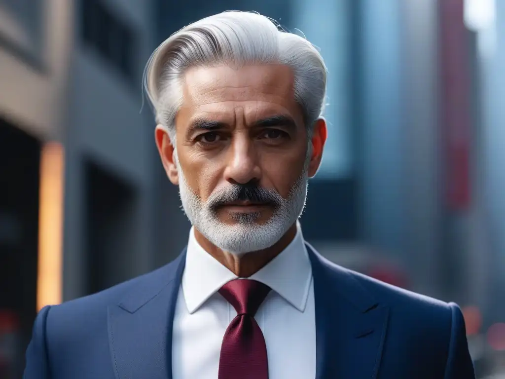 Elegancia atemporal: senior en traje azul marino frente a ciudad moderna Elegante hombre senior en traje azul marino frente a la ciudad