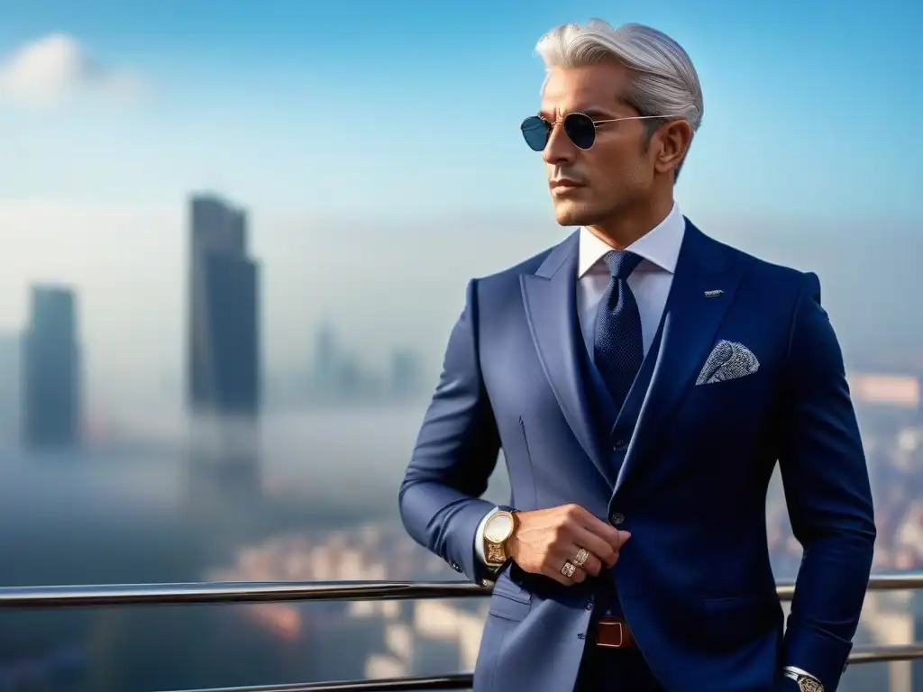 Elegancia senior: hombre en traje azul frente a la ciudad Un elegante hombre senior en traje azul marino, con pañuelo y reloj, frente a una ciudad moderna