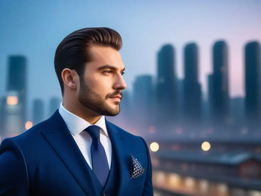 Elegante hombre de talla grande: estilo y confianza en la ciudad al anochecer Un elegante hombre de talla grande en traje azul marino, con pañuelo y reloj, frente a una ciudad al atardecer