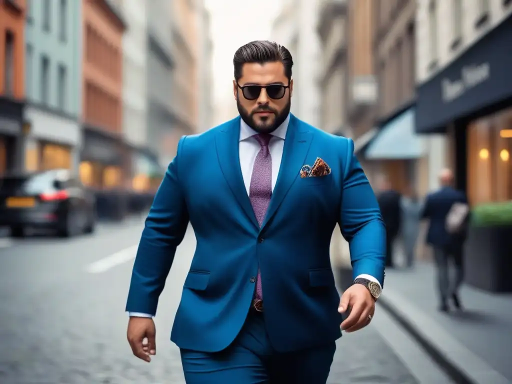 Elegante hombre de talla grande en la ciudad Un elegante hombre de tallas grandes camina seguro por la ciudad, luciendo un traje impecable y accesorios a la moda