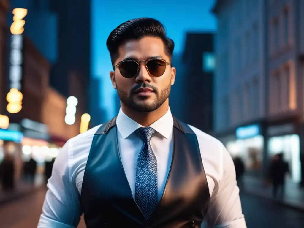 Estilo impecable: moda para hombre XL en la ciudad Un elegante hombre de tallas grandes luce accesorios de moda en una ciudad, destacando su estilo profesional
