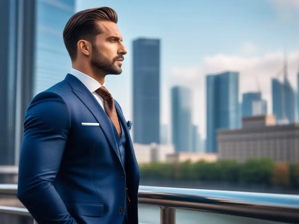 Elegante hombre de traje azul en la ciudad Un elegante hombre con traje azul marino y accesorios, en un entorno urbano moderno