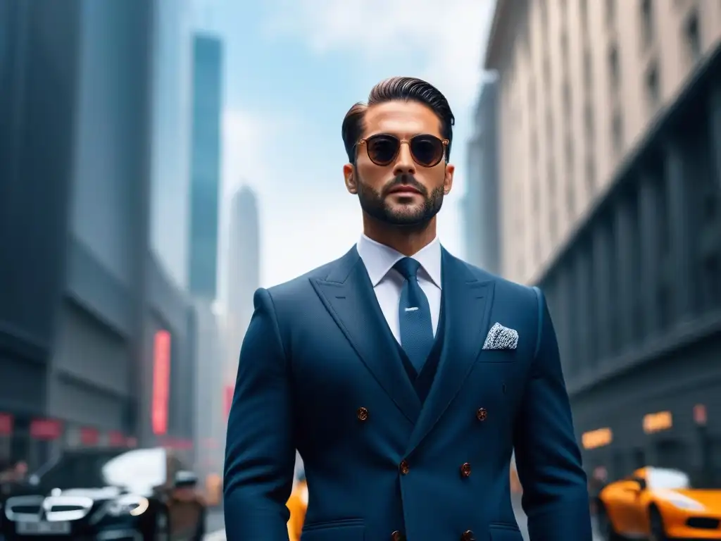 Elegante caballero urbano con estilo y confianza Un elegante hombre en traje a medida y lentes de diseñador, en una ciudad llena de rascacielos
