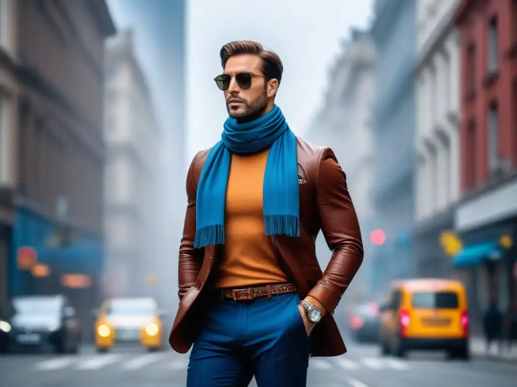 Elegante moda urbana: persona alta con accesorios chic Un elegante individuo alto luce accesorios que complementan su outfit en una escena urbana borrosa